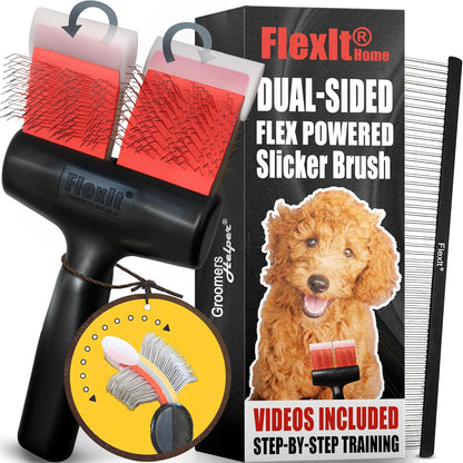 FlexIt Home - Flexible Slicker Brush for Dogs - Dog Grooming Brush for Poodles, Golden Doodles, Huskies, Retrievers, and Labradoodles - Professional 3-in-1 System & Video Trainings (Single, Soft Flex)