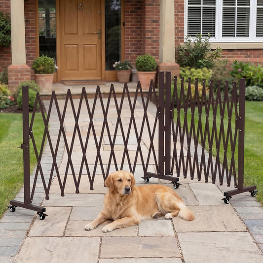 213” Wide Expandable Retractable Driveway Gate for Outdoor, Metal Fence Barrier with Lockable Foot Casters, 0-180° Rotatable Two-Segment Yard Garden Gate for Dog Security (213W×39.76H, Grey)