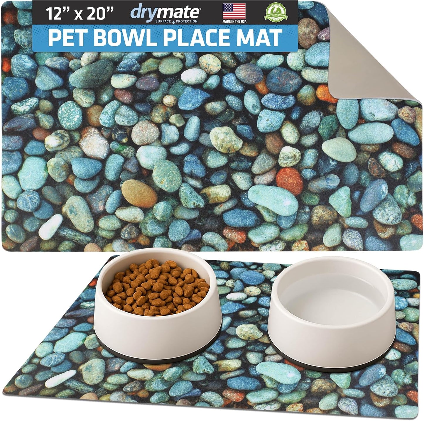 Drymate Pet Bowl Placemat, Dog & Cat Food Feeding Mat - Absorbent Fabric, Waterproof Backing, Slip-Resistant - Machine Washable/Durable (USA Made) (12” x 20”) (Indigo)