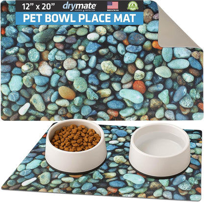 Drymate Pet Bowl Placemat, Dog & Cat Food Feeding Mat - Absorbent Fabric, Waterproof Backing, Slip-Resistant - Machine Washable/Durable (USA Made) (12” x 20”) (Indigo)