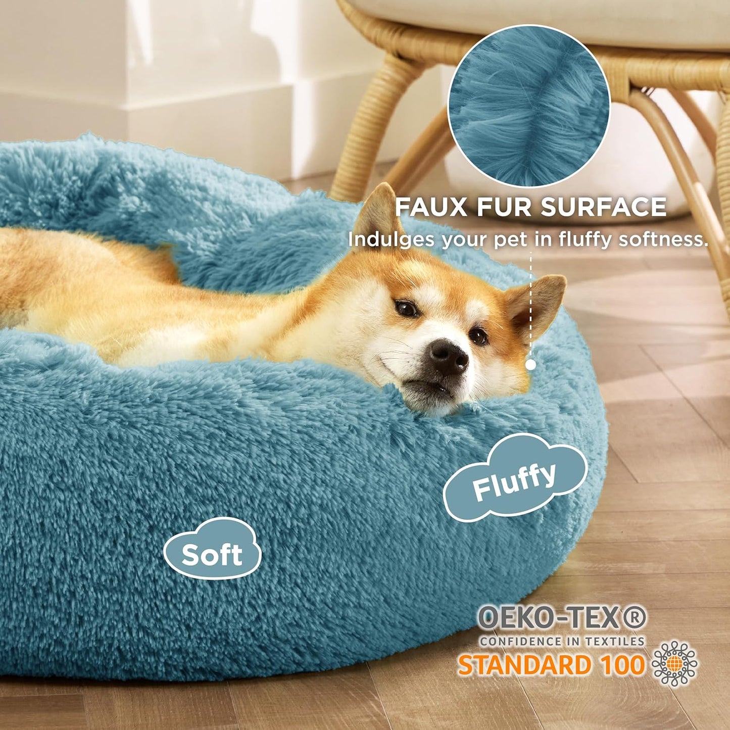 Bedsure Calming Dog Bed Medium Size Dog - Donut Washable Medium Pet Bed, 30 inches Anti-Slip Round Fluffy Plush Faux Fur Cat Bed, Fits up to 45 lbs Pets, Camel