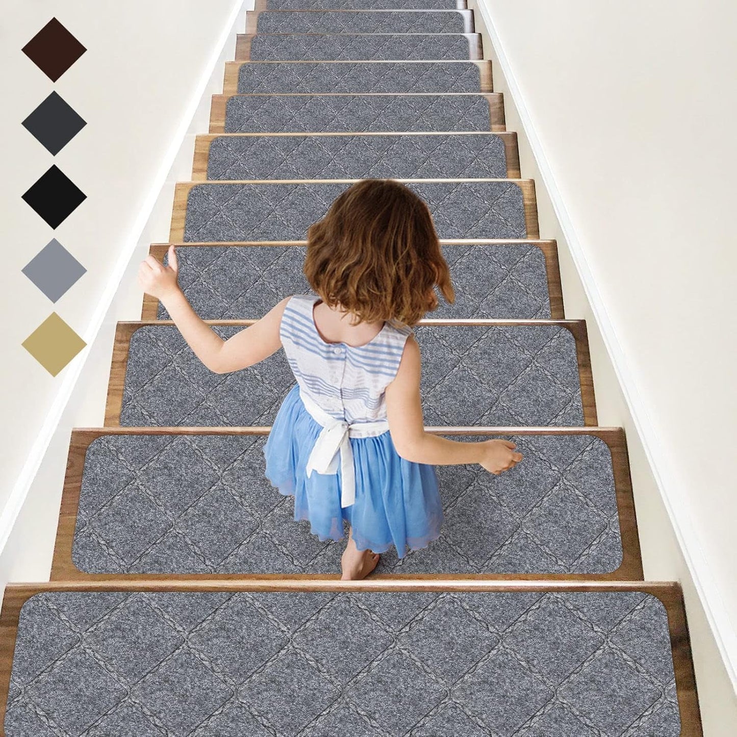 RIOLAND Stair Treads Carpet Non-Slip Indoor 15 PCS Wood Stair Treads Rugs Anti Moving Modern Stair Runners Safety for Kids Dogs, 8" X 30", Diamond Gray