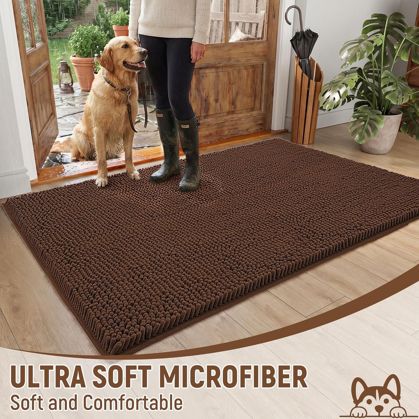 Absorbent Dog Door Mat for Muddy Paws, 60" x 24" Chenille Indoor Mats for Entryway, Trap Dirt Front Door Mat Indoor Entrance Washable Non Slip Soft