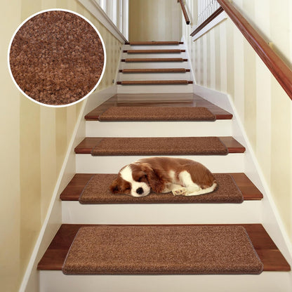PURE ERA Bullnose Carpet Stair Treads Set Tape Free Non-Slip Indoor Stair Protectors Pet Friendly Rugs Covers Soft Skid Resistant Washable Reusable 9.5" x 30"(14 Pieces,Cream Gray)