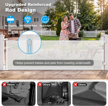 108" Wide Weatherproof Outdoor Retractable Dog Gates Extra Wide with Rust-Proof Stainless Steel Hardware& Waterproof Mesh, Reinforced 9 Ft Extra Long Retractable Baby Gate to Prevent Crawling Through