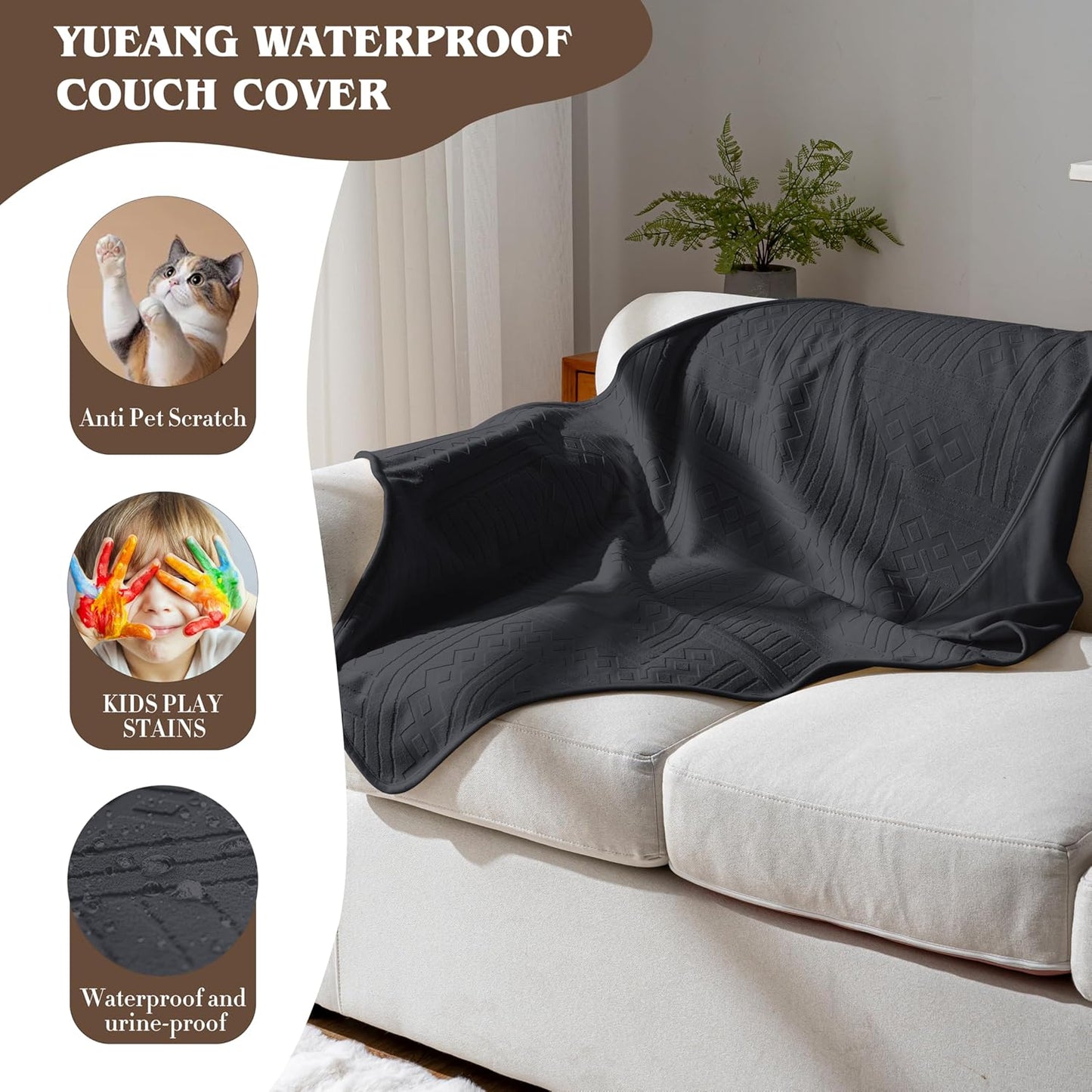Waterproof Couch Cover, Reversible, Pet-Friendly, Washable and Anti-Slip Couch Covers for Sofa Protection with 3 Cushions, Sofa Slipcovers for Dogs and Cats (71×118in/Brown)