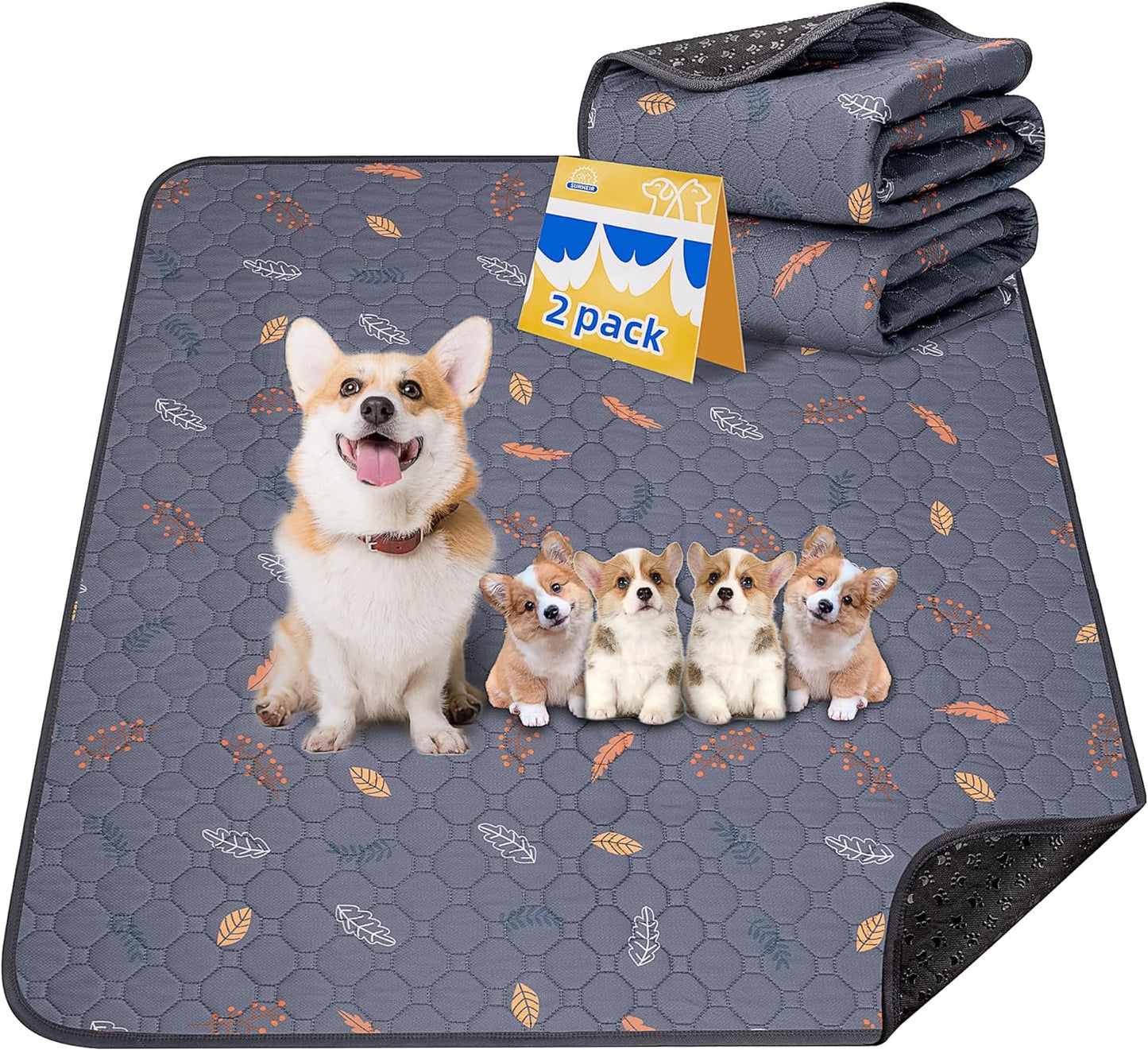 Sunheir Washable Pee Pads for Dogs Large 48" x 48" 2-Pack Reusable Puppy Pads Pet Training Pads, Absorb Dog Mats, Whelping Pad, Non-Slip Protects Against Urine Leakage (Leaves - Deep Grey, 48x48)
