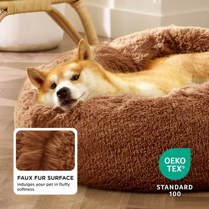 Bedsure Calming Dog Bed Medium Size Dog - Donut Washable Medium Pet Bed, 30 inches Anti-Slip Round Fluffy Plush Faux Fur Cat Bed, Fits up to 45 lbs Pets, Camel