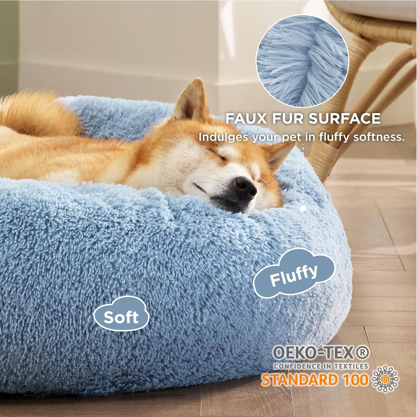 Bedsure Calming Dog Bed Medium Size Dog - Donut Washable Medium Pet Bed, 30 inches Anti-Slip Round Fluffy Plush Faux Fur Cat Bed, Fits up to 45 lbs Pets, Camel