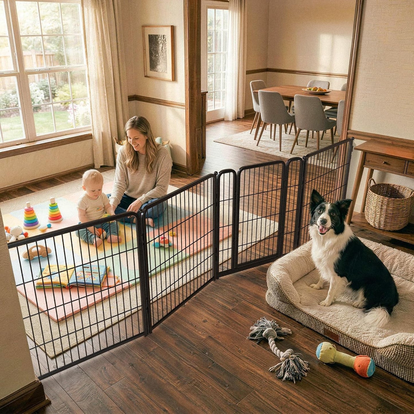 FXW Dog Gate Extra Wide Designed for Indoor Use, Adjustable Width Up to 183-inch Wide (24" H 8 Wire Panels for Puppies and Small Dogs), Black