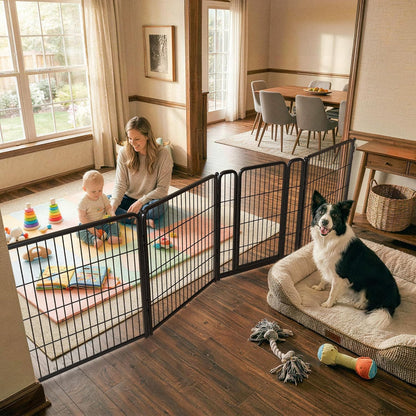 FXW Dog Gate Extra Wide Designed for Indoor Use, Adjustable Width Up to 183-inch Wide (24" H 8 Wire Panels for Puppies and Small Dogs), Black