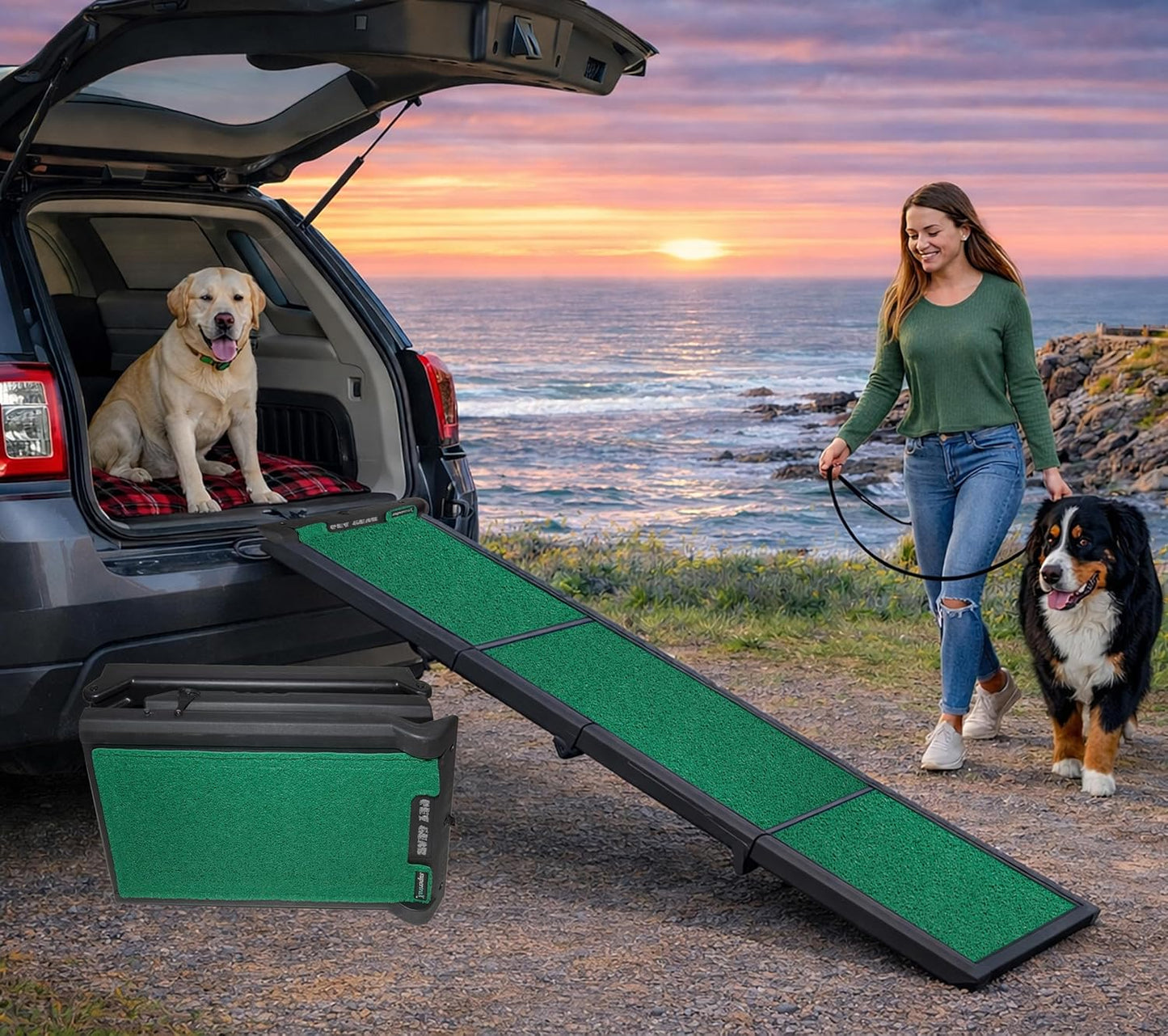 Pet Gear Travel Lite Ramps for Dogs and Cats, Compact Easy-Fold, Lightweight and Portable, Built-in Carry Handle, Supports 200lbs, Size 71" x 16", Yellow- Reflective