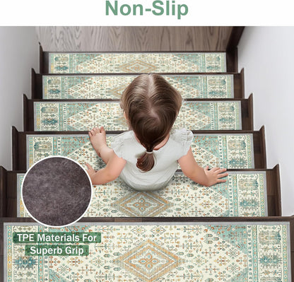 sarben Non Slip Stair Treads for Wooden Steps 15PCS - 8"x30" Indoor Safety Carpet, Edging Mats with TPE Adhesive Backing, Pet and Elderly Friendly Stair Rugs (Taupe) - Colors A