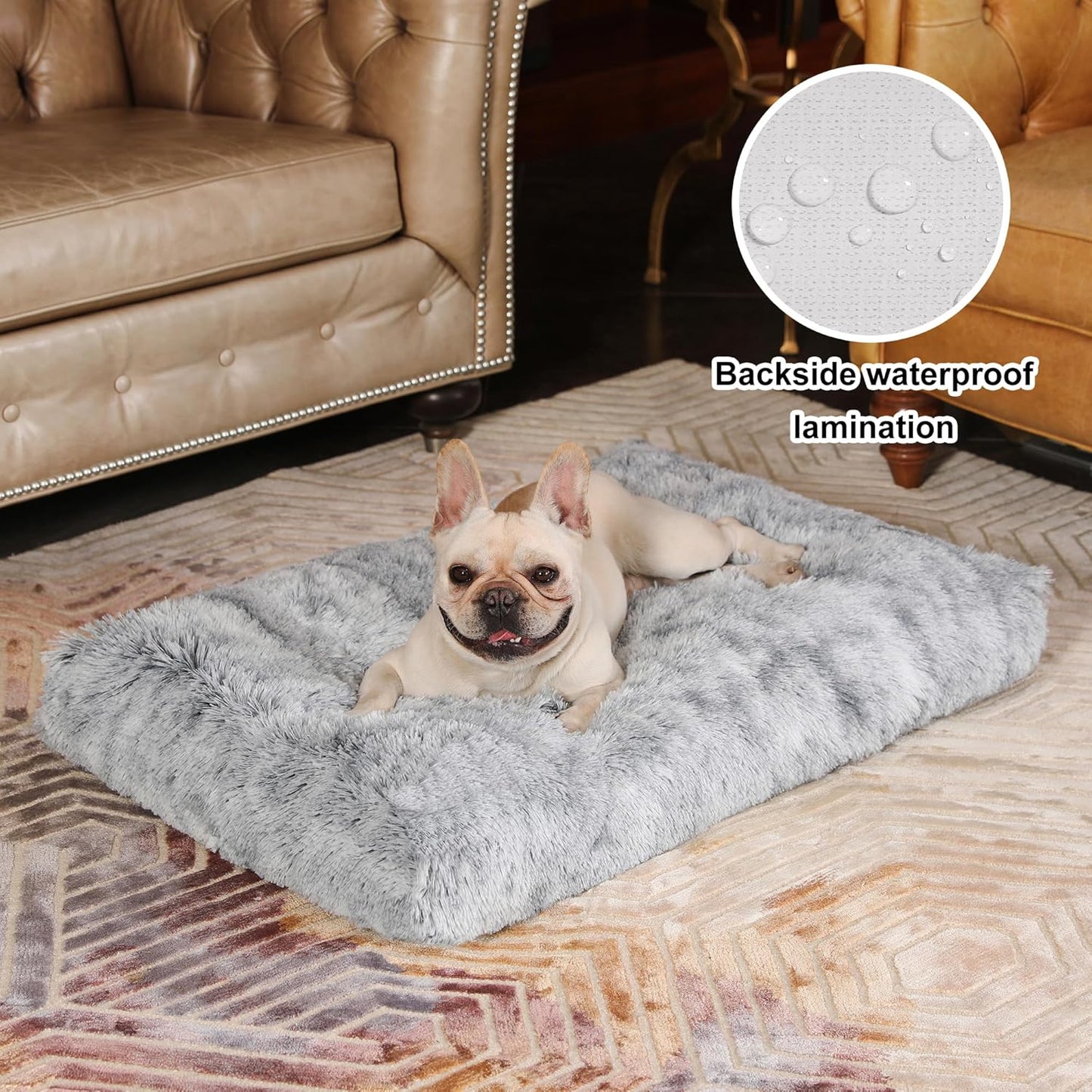Bedfolks Waterproof Dog Crate Bed, Plush With Removable Washable Cover, Faux Fur Crate Pad for Medium Dogs, Fluffy Kennel 29"x21", Dark Grey