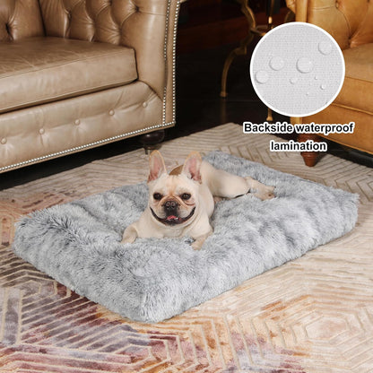 Bedfolks Waterproof Dog Crate Bed, Plush With Removable Washable Cover, Faux Fur Crate Pad for Medium Dogs, Fluffy Kennel 29"x21", Dark Grey