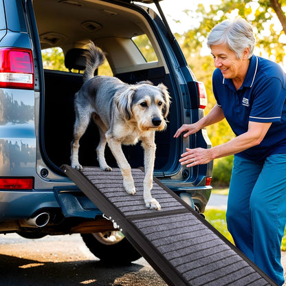 Dog Ramp - 62” x 17.5” Folding Dog Ramp for Car, Truck, SUV, or RV - Portable Ramps for Large Pets with Non-Slip Rug Surface - Pet Travel Accessories by PETMAKER (Black)