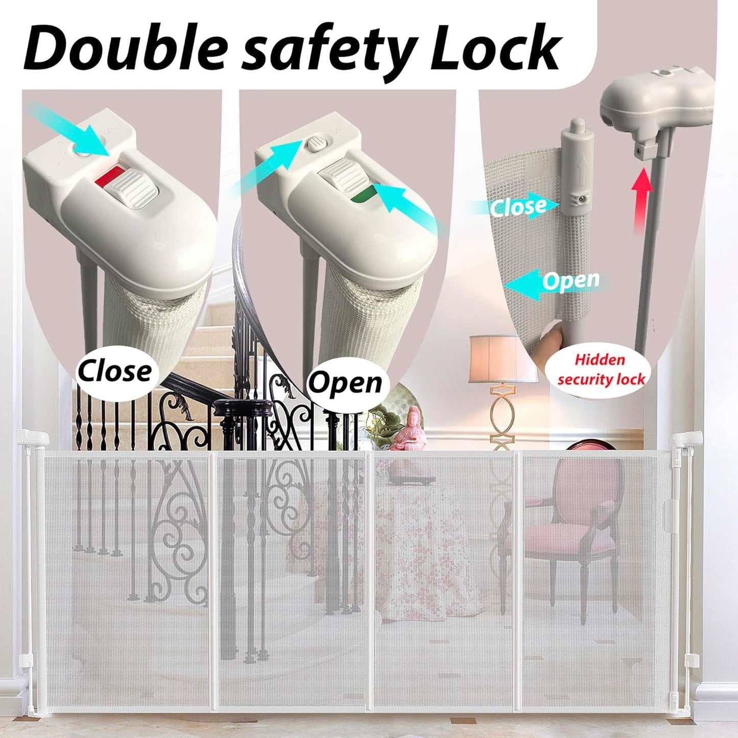 240" Retractable Baby Gates Extra Wide for Large Opening, 41" Extra Tall Retractable Dog Gate Pet Gates, Long Child Safety Mesh Gate with Fiberglass Rods for Stairs, Doorways, Hallways, Indoor/Outdoor