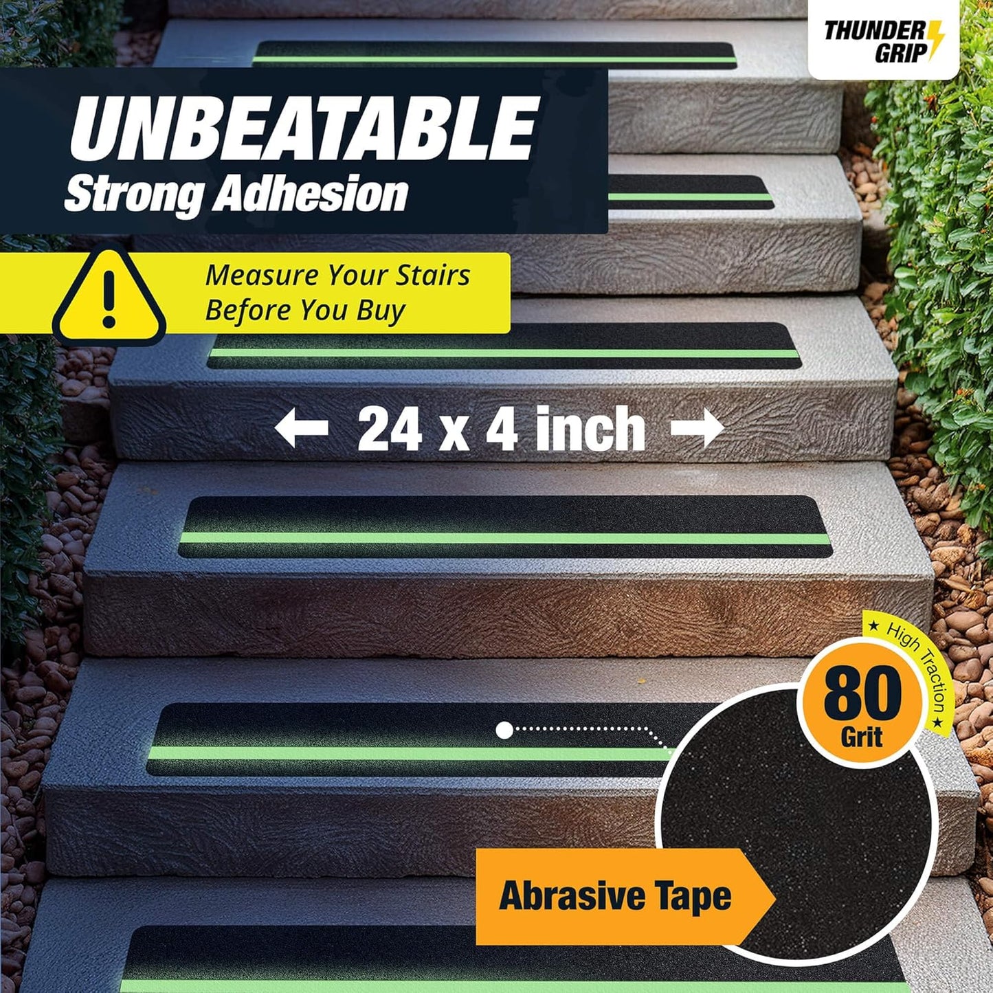 THUNDER GRIP Glow in the Dark 30" x 6"-12-Pack Weather Resistant Outdoor Stair Treads 80-Grit