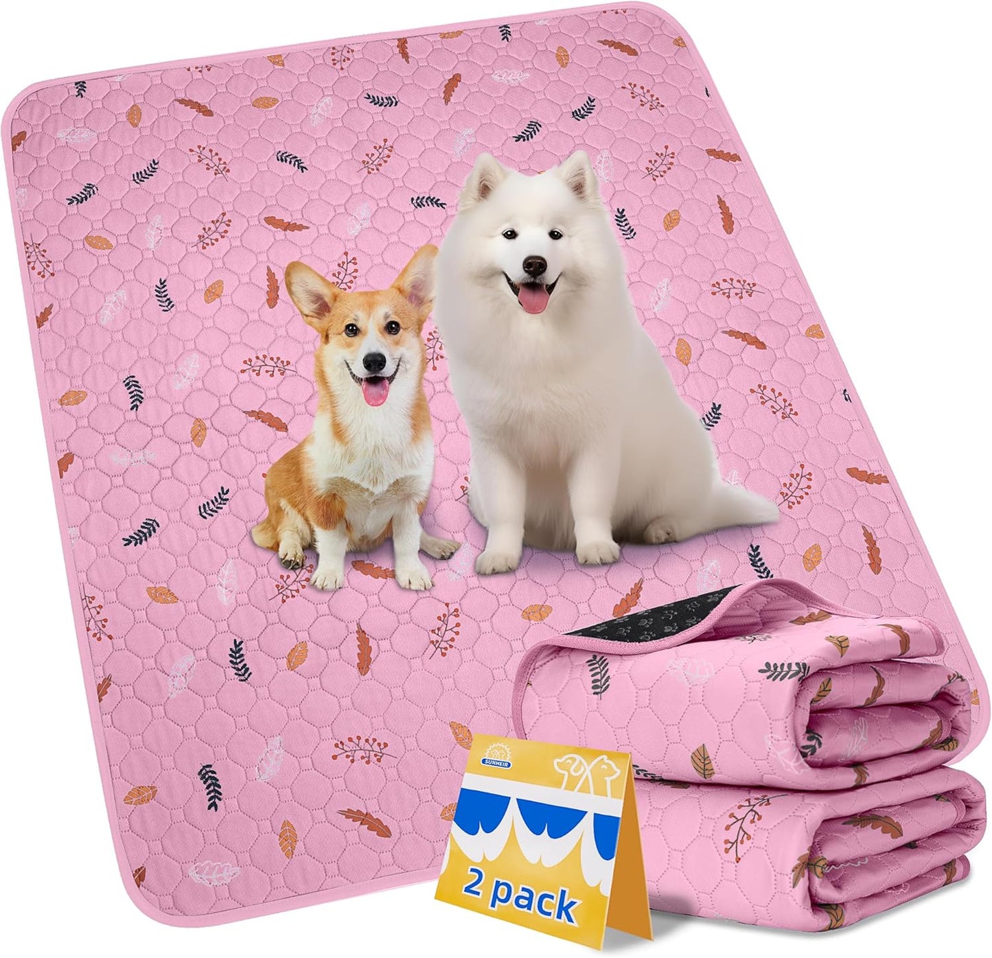 Sunheir Washable Pee Pads for Dogs Large 48" x 48" 2-Pack Reusable Puppy Pads Pet Training Pads, Absorb Dog Mats, Whelping Pad, Non-Slip Protects Against Urine Leakage (Leaves - Deep Grey, 48x48)