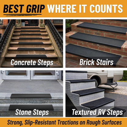 Ottomanson Outdoor Bullnose Stair Treads – Ribbed Heavy-Duty Non Slip Stair Mats – Strong Grip for Concrete, Brick & Textured Steps – Requires Fastening on Wooden & RV Steps, Pack of 5