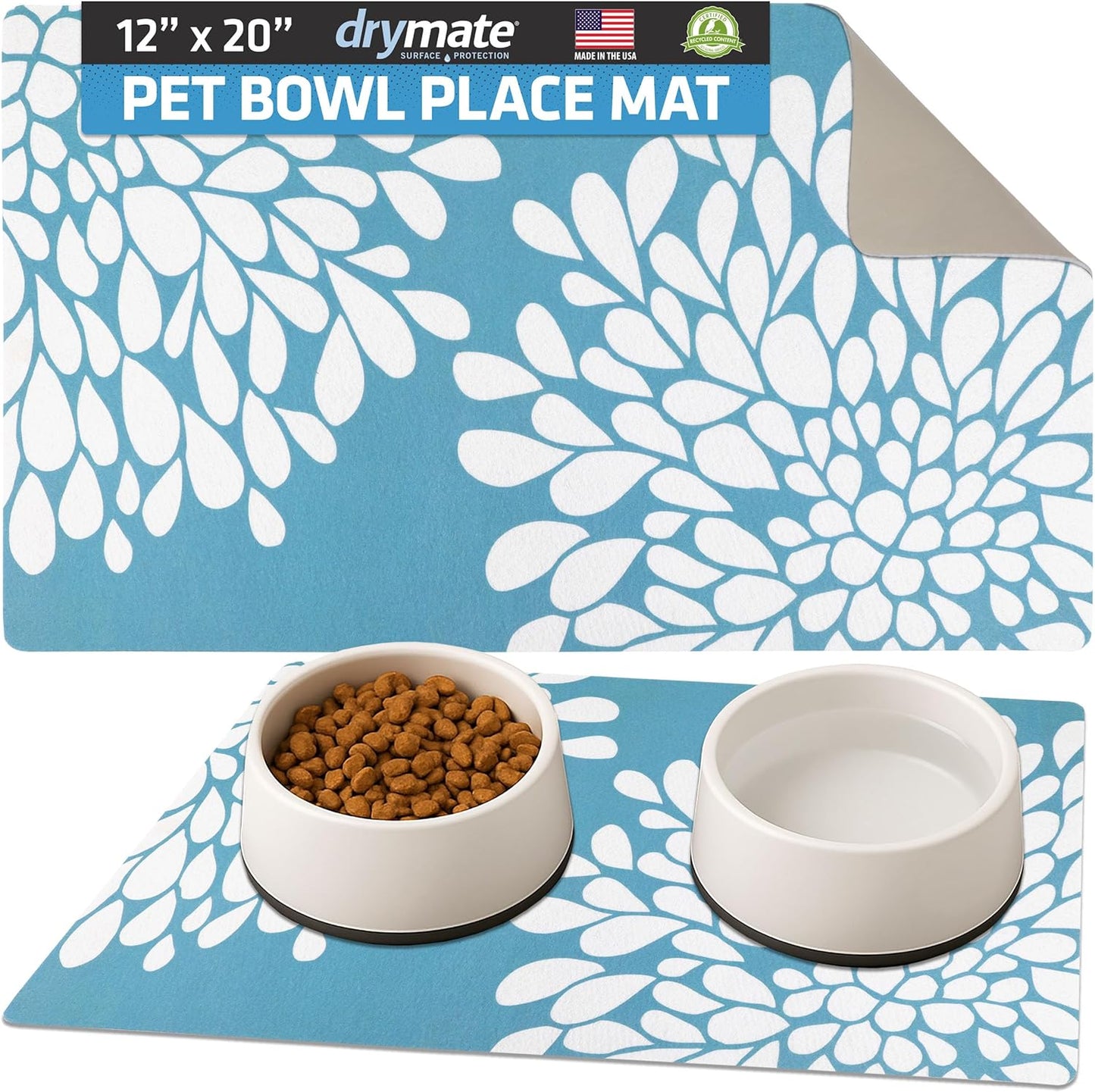 Drymate Pet Bowl Placemat, Dog & Cat Food Feeding Mat - Absorbent Fabric, Waterproof Backing, Slip-Resistant - Machine Washable/Durable (USA Made) (12” x 20”) (Indigo)