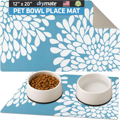 Drymate Pet Bowl Placemat, Dog & Cat Food Feeding Mat - Absorbent Fabric, Waterproof Backing, Slip-Resistant - Machine Washable/Durable (USA Made) (12” x 20”) (Indigo)