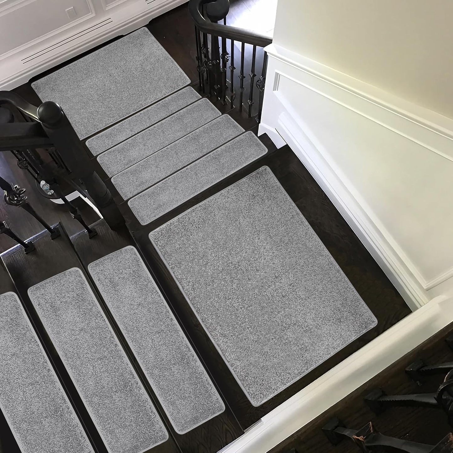 PURE ERA Bullnose Carpet Stair Treads Set Tape Free Non-Slip Indoor Stair Protectors Pet Friendly Rugs Covers Soft Skid Resistant Washable Reusable 9.5" x 30"(14 Pieces,Cream Gray)