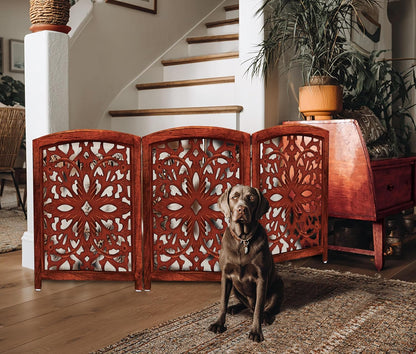 Croft&Cane Wooden Foldable Pet Dog Safety Gate – 3 Panel Freestanding Indoor Pet Fence (20 inches W x 24 inches H) – Hand-Carved Solid Wood & MDF – Fully Assembled - Antique Brown