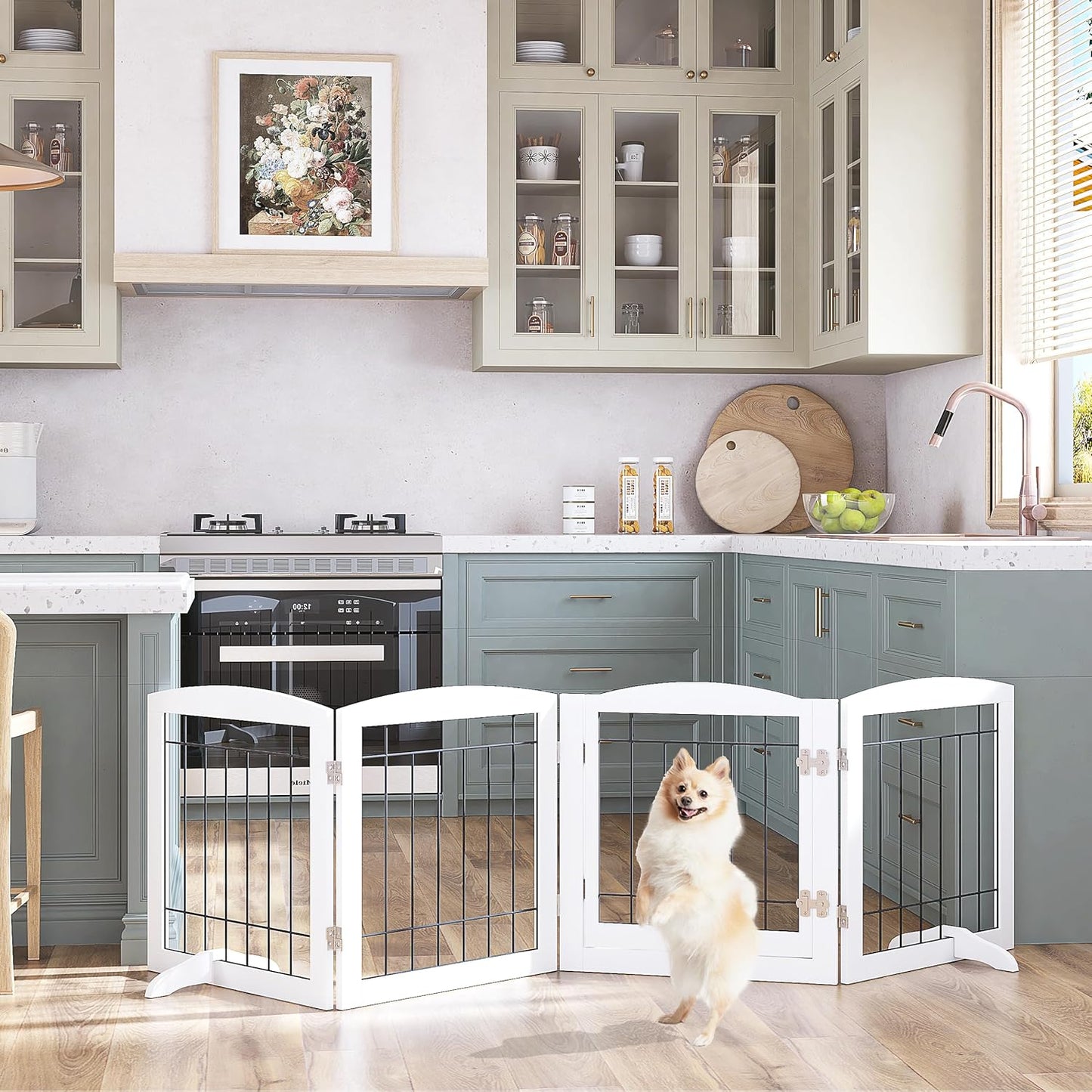 PAWLAND Free Standing Dog Gates for The House Stairs Doorways Indoor Foldable Wooden Small White Puppy Pet Gate Step Over Fence 60" W 24" H 3 Panels