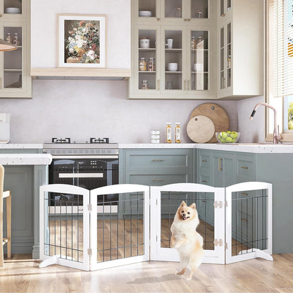 PAWLAND Free Standing Dog Gates for The House Stairs Doorways Indoor Foldable Wooden Small White Puppy Pet Gate Step Over Fence 60" W 24" H 3 Panels