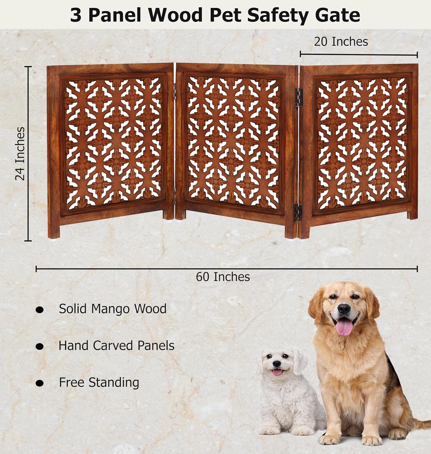 Croft&Cane Wooden Foldable Pet Dog Safety Gate – 3 Panel Freestanding Indoor Pet Fence (20 inches W x 24 inches H) – Hand-Carved Solid Wood & MDF – Fully Assembled - Antique Brown