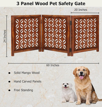 Croft&Cane Wooden Foldable Pet Dog Safety Gate – 3 Panel Freestanding Indoor Pet Fence (20 inches W x 24 inches H) – Hand-Carved Solid Wood & MDF – Fully Assembled - Antique Brown
