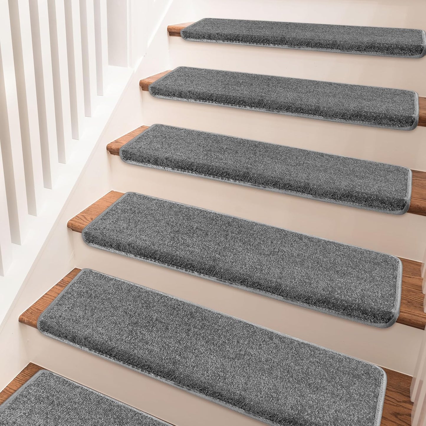 PURE ERA Bullnose Carpet Stair Treads Set Tape Free Non-Slip Indoor Stair Protectors Pet Friendly Rugs Covers Soft Skid Resistant Washable Reusable 9.5" x 30"(14 Pieces,Cream Gray)