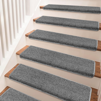 PURE ERA Bullnose Carpet Stair Treads Set Tape Free Non-Slip Indoor Stair Protectors Pet Friendly Rugs Covers Soft Skid Resistant Washable Reusable 9.5" x 30"(14 Pieces,Cream Gray)