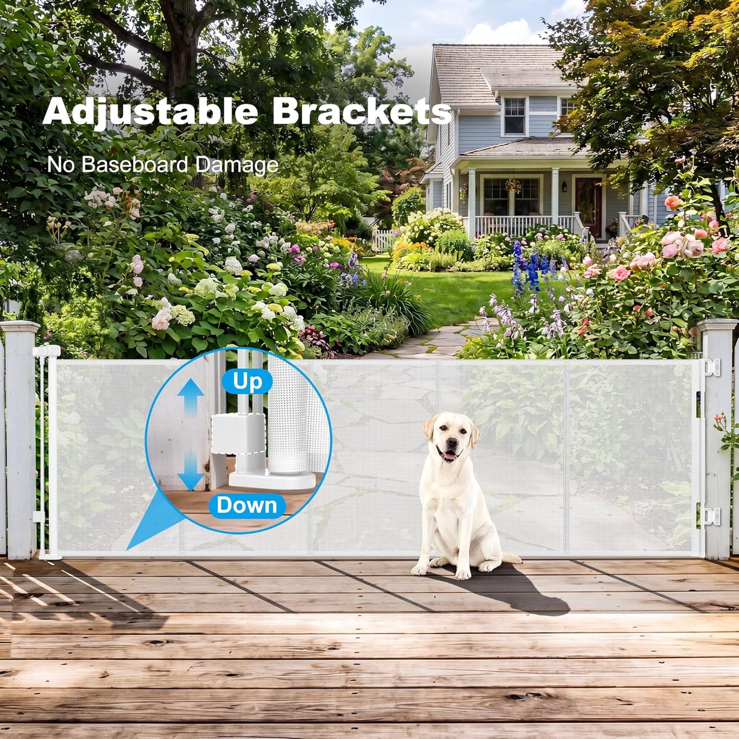 108" Wide Weatherproof Outdoor Retractable Dog Gates Extra Wide with Rust-Proof Stainless Steel Hardware& Waterproof Mesh, Reinforced 9 Ft Extra Long Retractable Baby Gate to Prevent Crawling Through