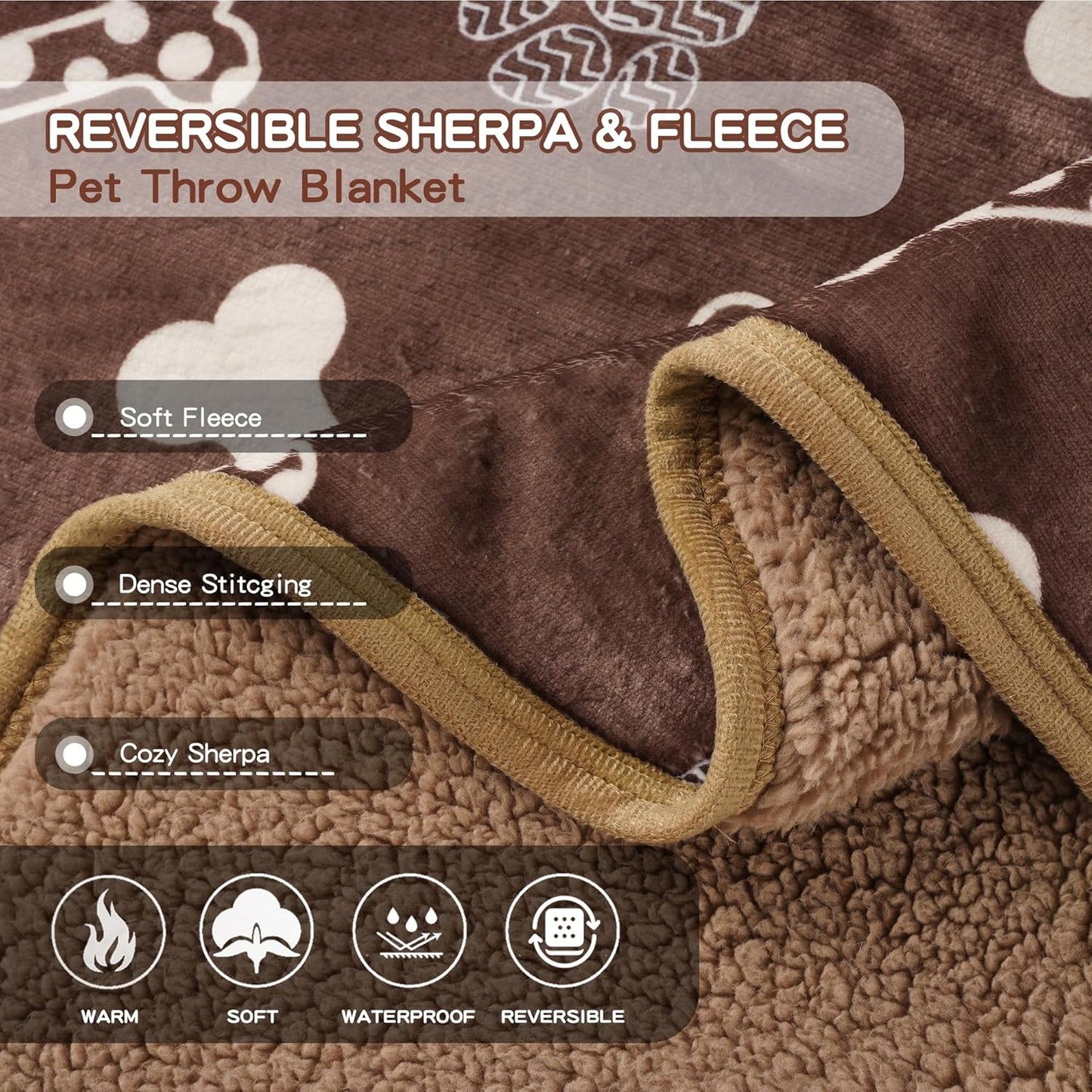 Waterproof Dog Blankets Pet Blanket 50"x60", Soft Fluffy Sofa Car Bed Protector, Reversible Sherpa Fleece Dog Blanket for Large Dogs (Dark Grey-Paws)