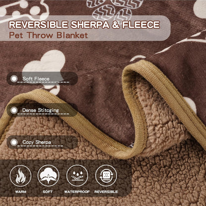 Waterproof Dog Blankets Pet Blanket 50"x60", Soft Fluffy Sofa Car Bed Protector, Reversible Sherpa Fleece Dog Blanket for Large Dogs (Dark Grey-Paws)