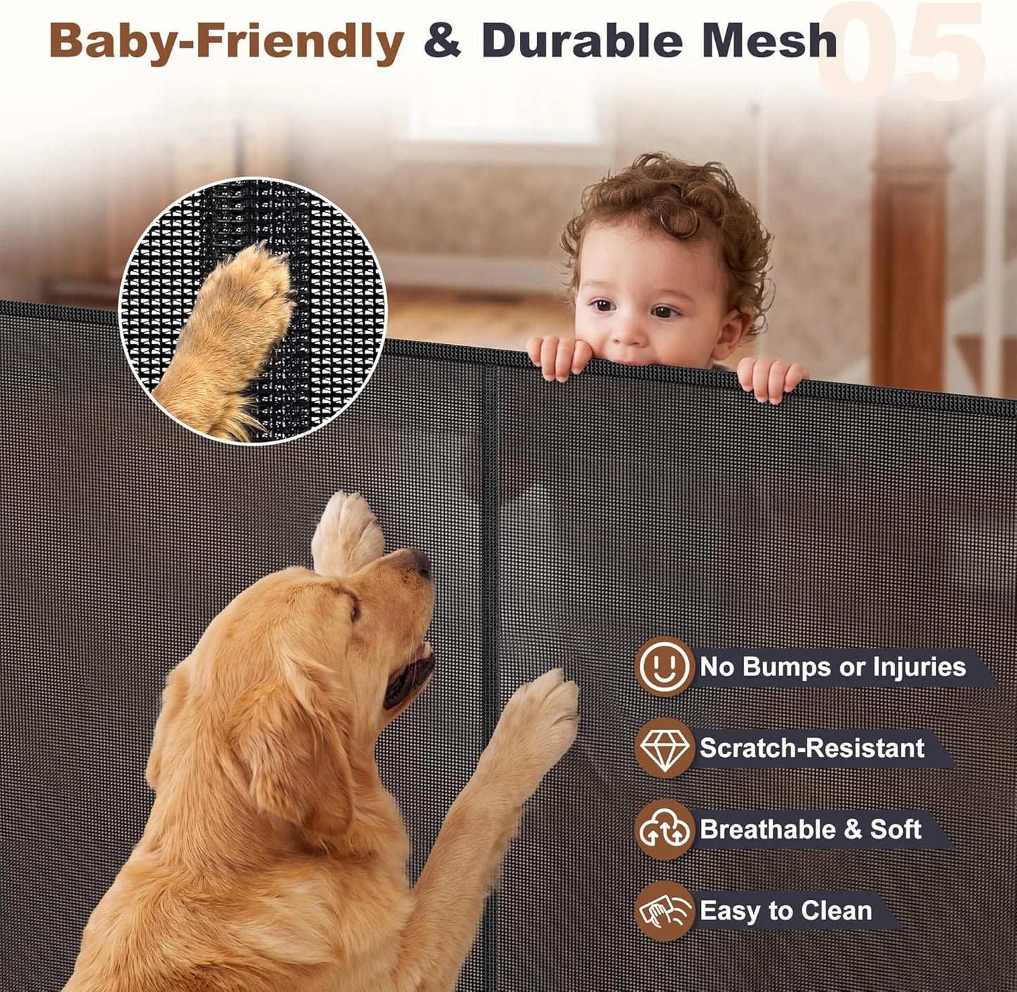 GRENFU Reinforced 120 Inch Wide Retractable Baby Gates, Long Dog Gate Retractable Gate with Support Rods to Prevent Crawling Through, 10 FT Extra Wide Retractable Dog Gate for Indoor/Outdoor, Black