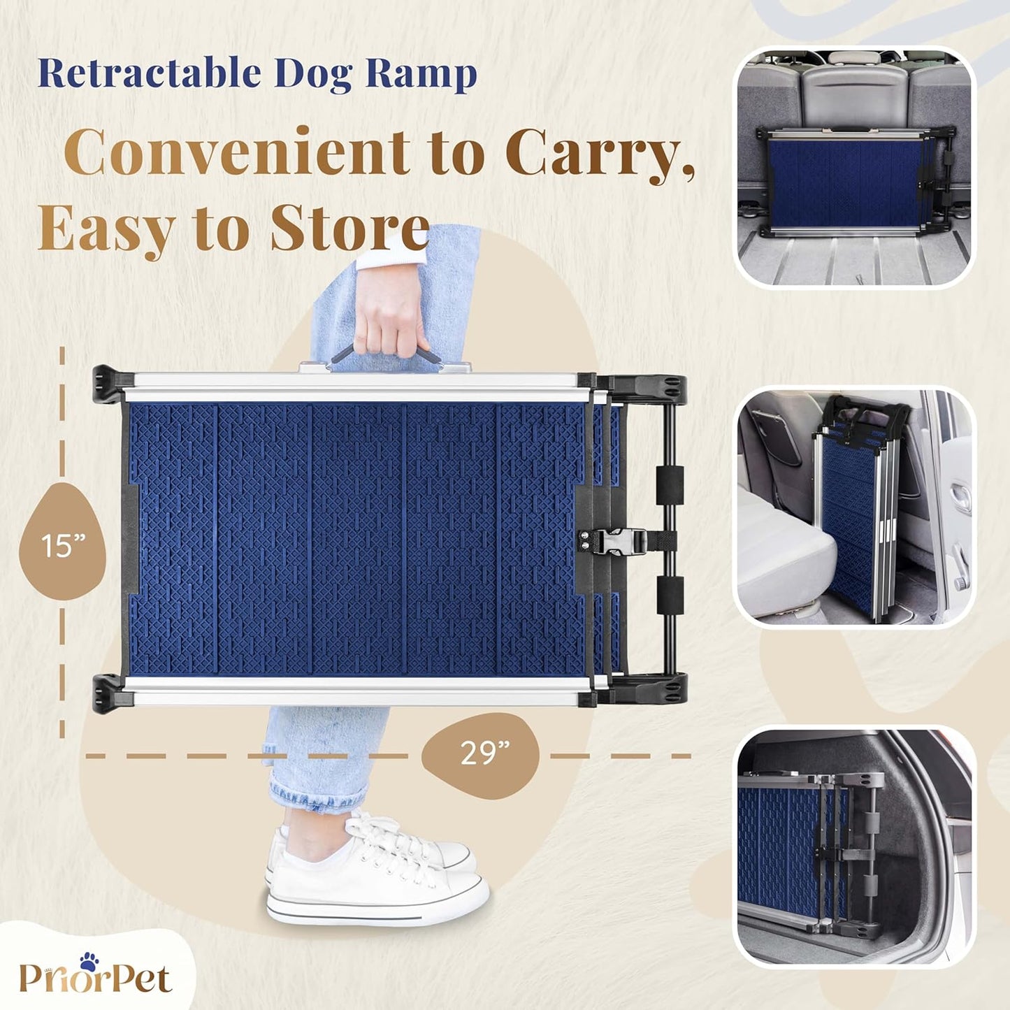 Dog Ramp for Car - Anti-Slip Dog Car Ramp for Large Dogs SUV - Stable 250LBS Capacity - Telescoping Pet Ramp for Car - Portable - Night Safety Reflective Sides - Fixing Clip - Black