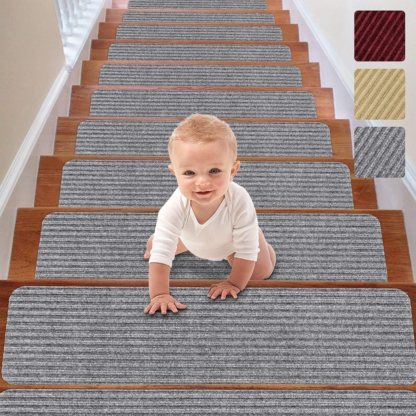RIOLAND Stair Treads Carpet Non-Slip Indoor Stair Runners for Wooden Steps, Stair Rugs for Kids and Dogs, Set of 15, 8" X 30", Gray