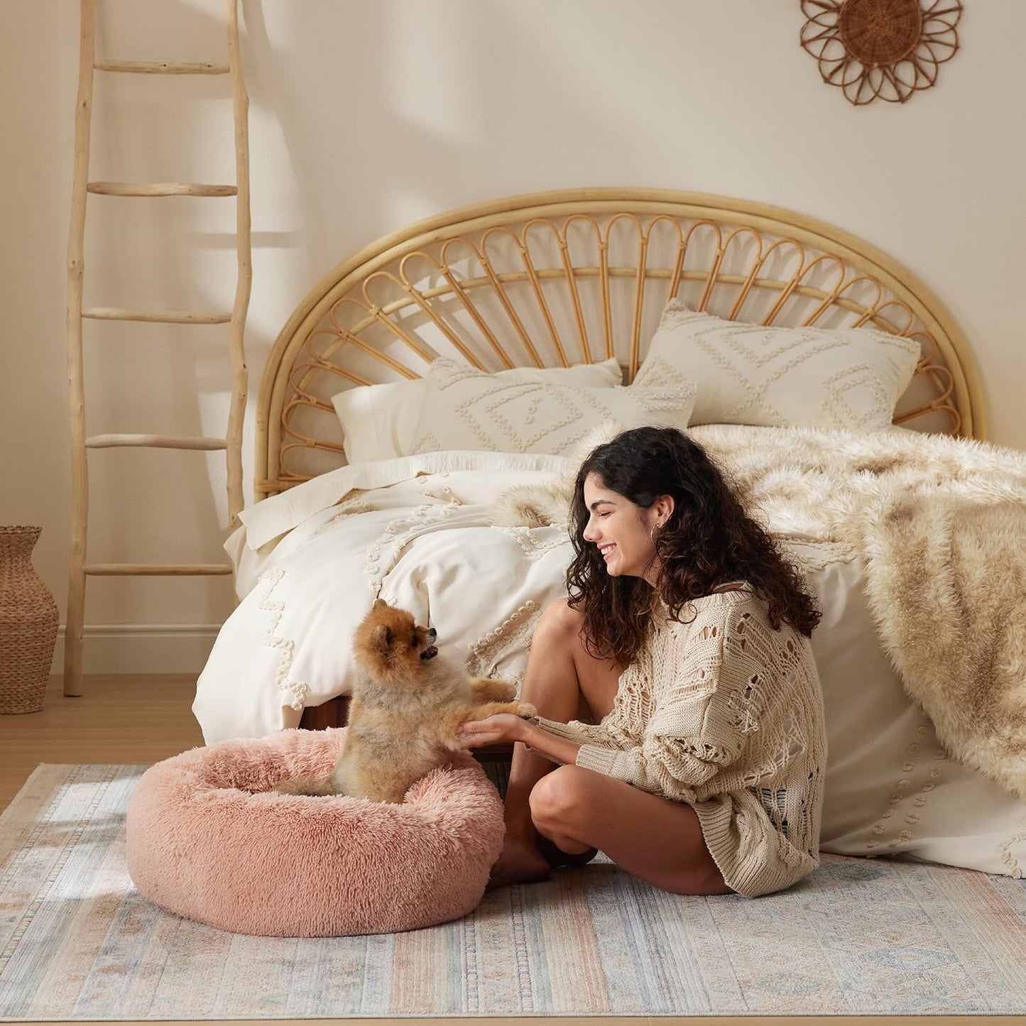 Bedsure Calming Dog Bed Medium Size Dog - Donut Washable Medium Pet Bed, 30 inches Anti-Slip Round Fluffy Plush Faux Fur Cat Bed, Fits up to 45 lbs Pets, Camel