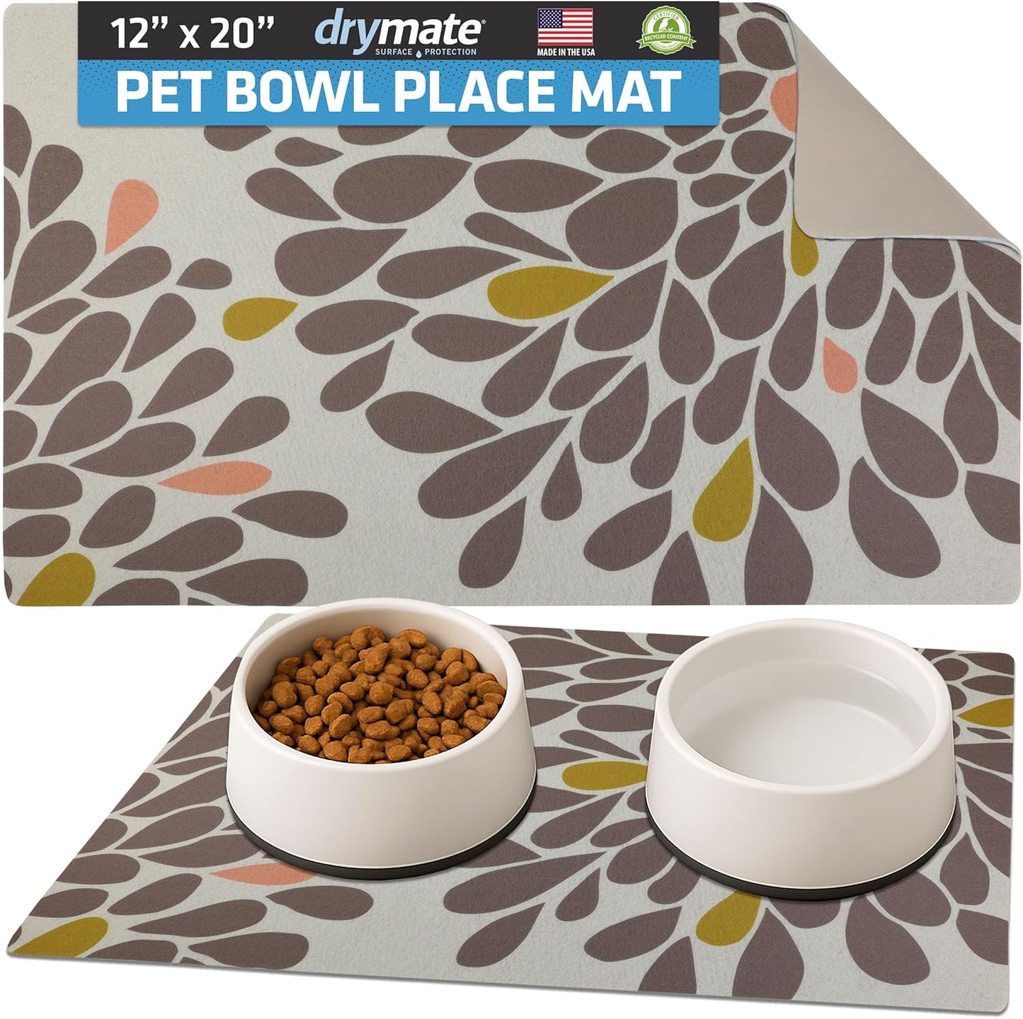 Drymate Pet Bowl Placemat, Dog & Cat Food Feeding Mat - Absorbent Fabric, Waterproof Backing, Slip-Resistant - Machine Washable/Durable (USA Made) (12” x 20”) (Indigo)