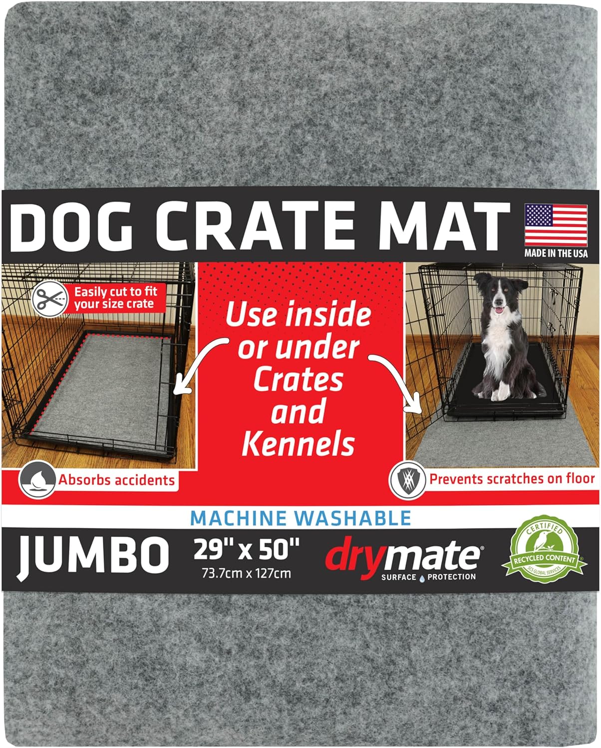 Drymate Dog Crate Mat Liner, Absorbs Urine, Waterproof, Non-Slip, Washable Puppy Pee Pad for Kennel Training - Use Under Pet Cage to Protect Floors, Thin Cut to Fit Design (USA Made) (LGrey)(29"x48")