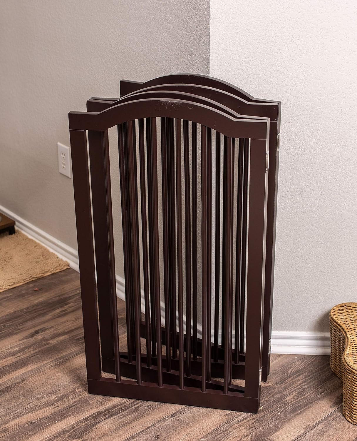 INTERNET'S BEST Arched Top Dog Gate | 4 Panel, 24" H Wooden Pet Barrier for Dogs or Cats | Freestanding Folding Room Divider for Doorways, Hallways, Stairs, and Porch | Portable, Extra Wide | Espresso