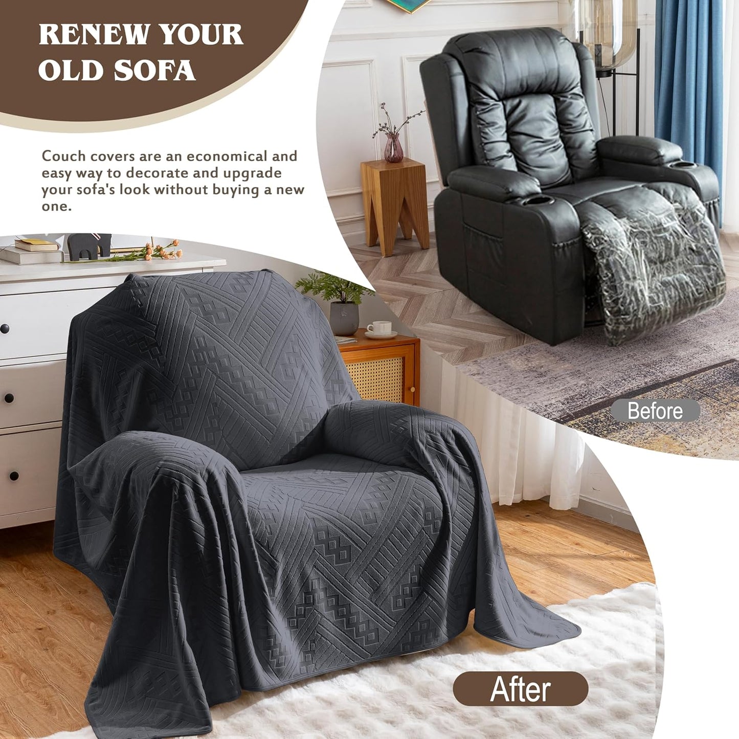 Waterproof Couch Cover, Reversible, Pet-Friendly, Washable and Anti-Slip Couch Covers for Sofa Protection with 3 Cushions, Sofa Slipcovers for Dogs and Cats (71×118in/Brown)
