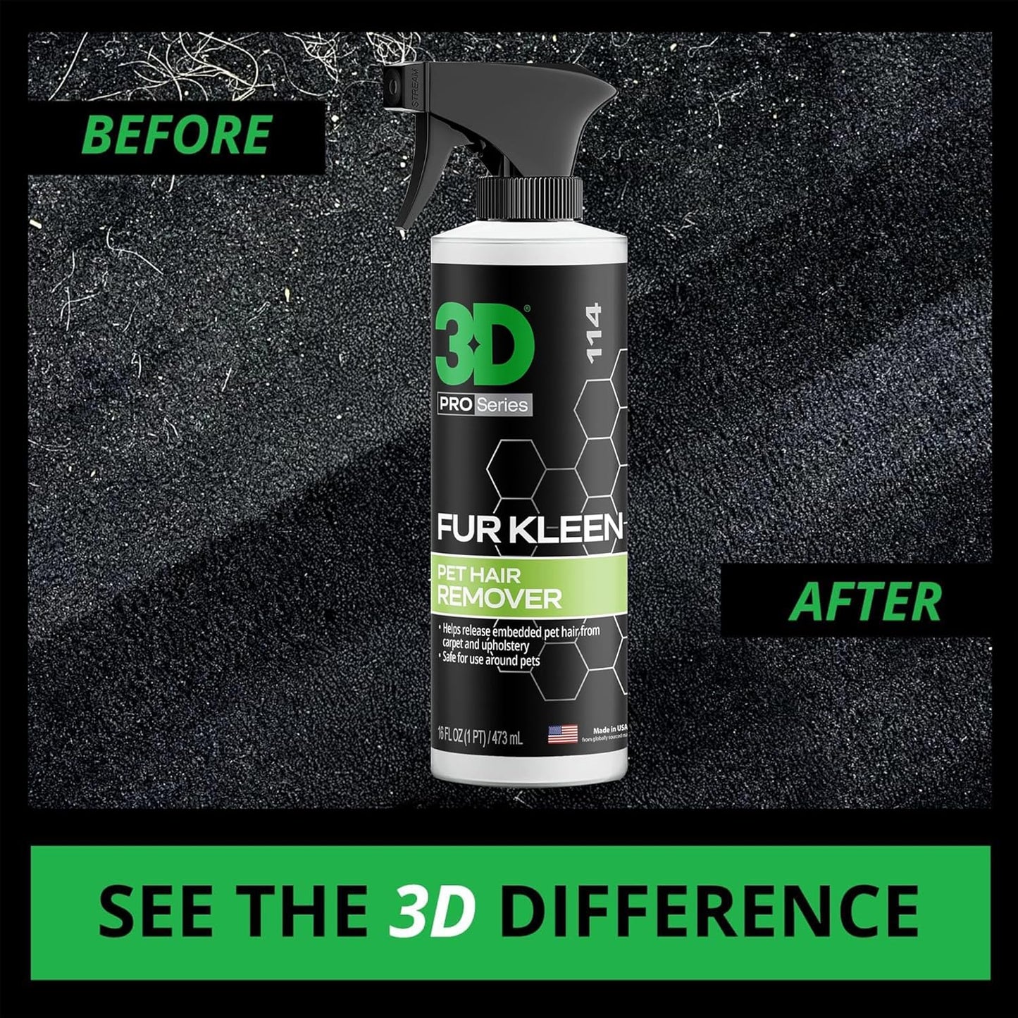 3D Fur Kleen - Pet Hair Remover & Cleaner - Loosens Embedded Pet Fur for Easy Removal - Safe for Carpets, Upholstery & Auto Interiors, 16 Ounce