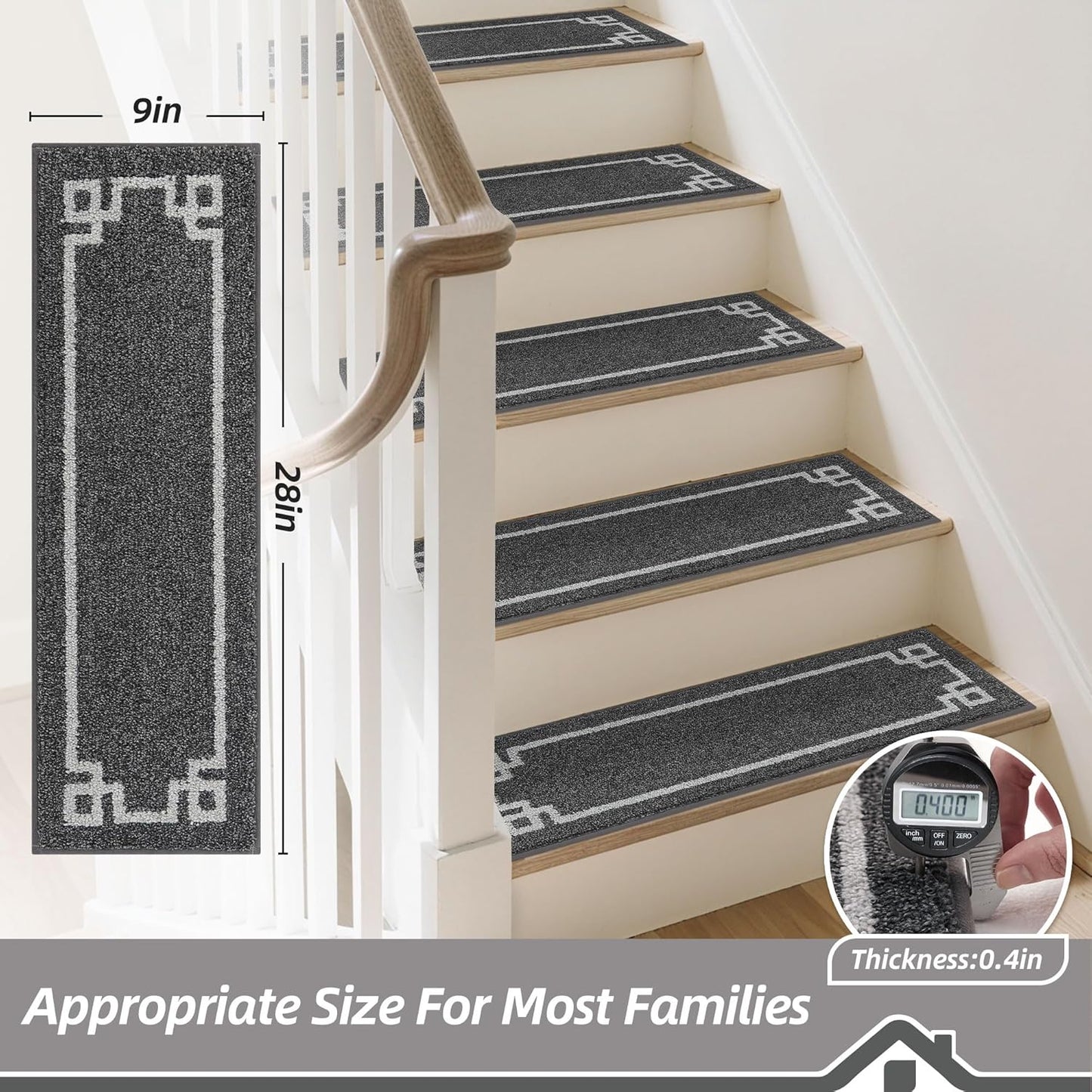 BEQHAUSE Non Slip Stair Treads for Wooden Steps Indoor Washable Stair Runner 28inX9in Polyester Durable Stair Treads Carpet for Dogs,Kids and Elders 15pcs,Dark Grey