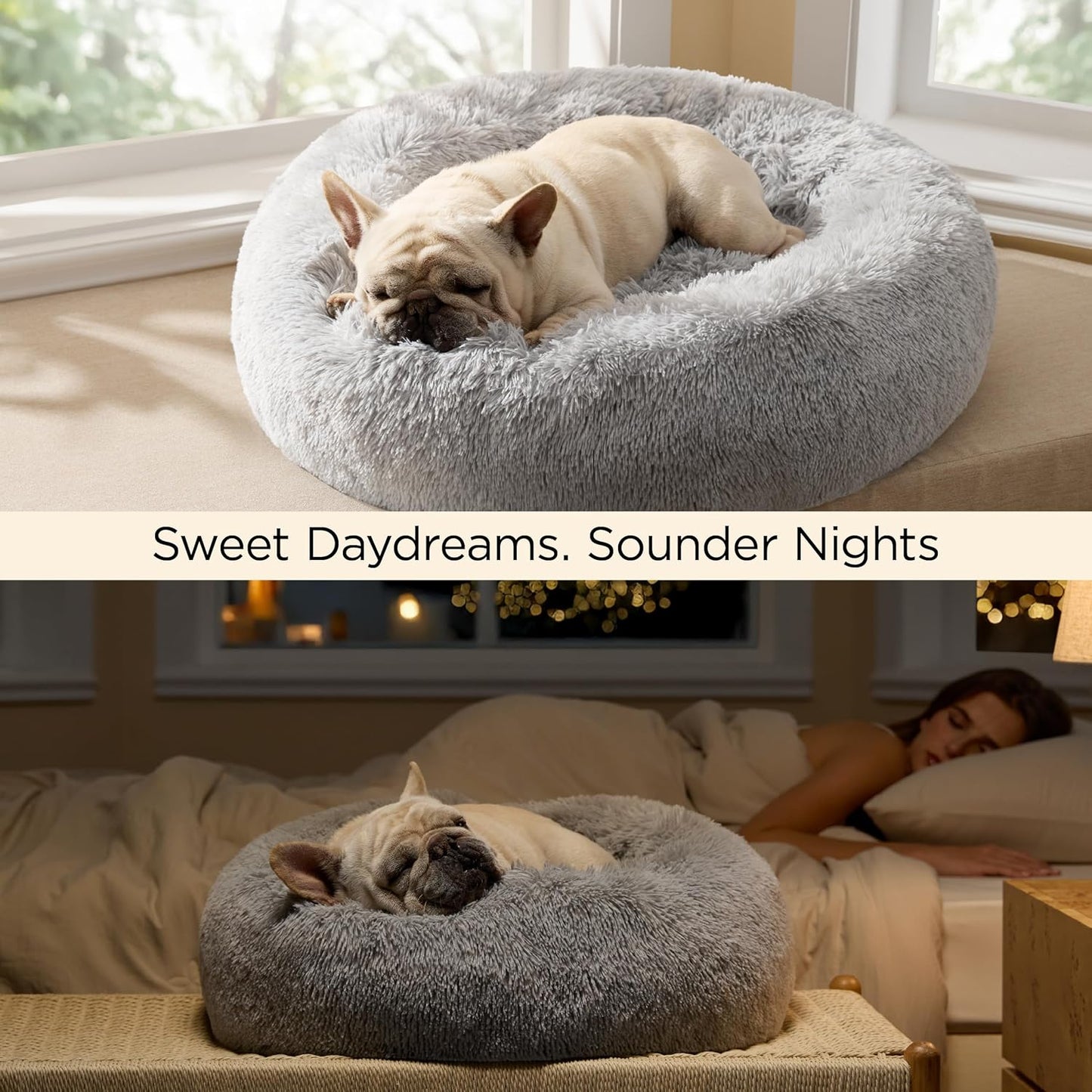 Bedsure Calming Dog Bed Medium Size Dog - Donut Washable Medium Pet Bed, 30 inches Anti-Slip Round Fluffy Plush Faux Fur Cat Bed, Fits up to 45 lbs Pets, Camel