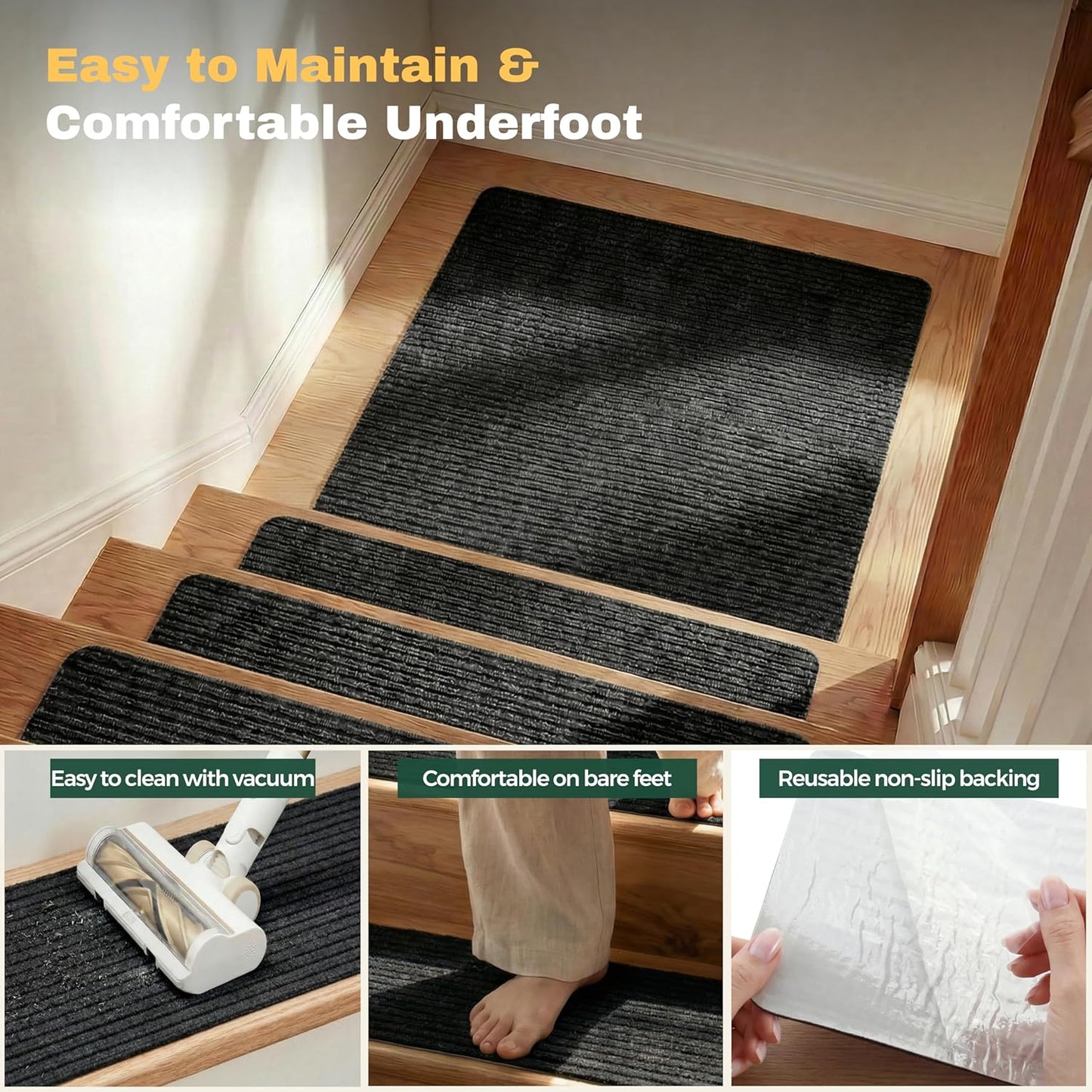 MBIGM 8" X 30" (15 in Pack) Nonslip Carpet Stair Treads Non-Skid Safety Rug Slip Resistant Indoor Runner for Kids Elders & Pets with Reusable Adhesive - Brown - Non Slip Stair Treads Indoor