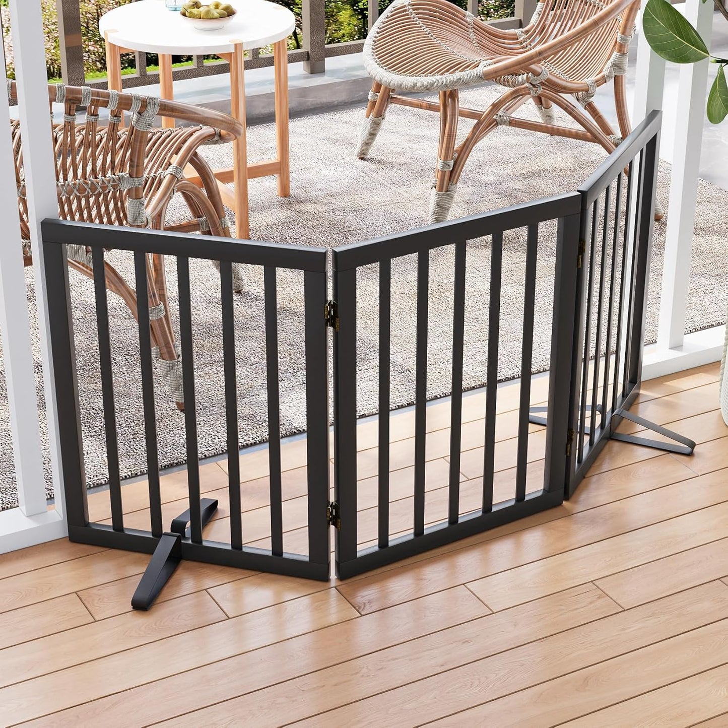 Freestanding Dog Gates Indoor, 3-Panel Pet Gates with 2 Metal Stands and 360° Hinge, 24" H Foldable Dog Gate for Stairs, Doorway, Kitchen, Expands Up to 55" Fully Assembled - Black Walnut